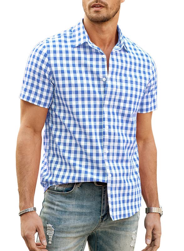 JMIERR Mens Casual Button Down Shirts Short Sleeve 100% Cotton Plaid Shirts for Men