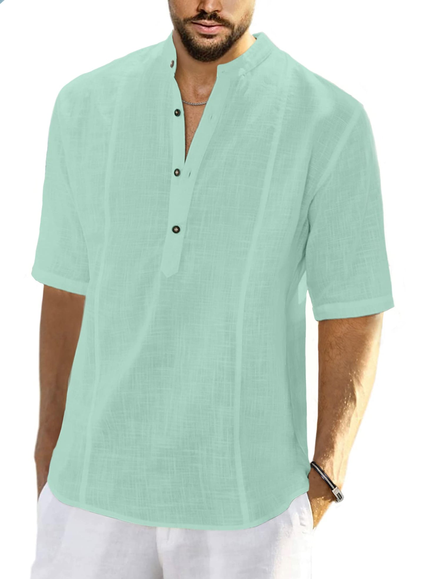 JMIERR Mens Cotton Linen Henley Shirt Casual Button Down Short Sleeve Tropical Shirts Summer Beach T Shirts