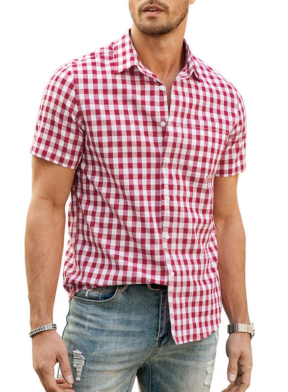 JMIERR Mens Casual Button Down Shirts Short Sleeve 100% Cotton Plaid Shirts for Men