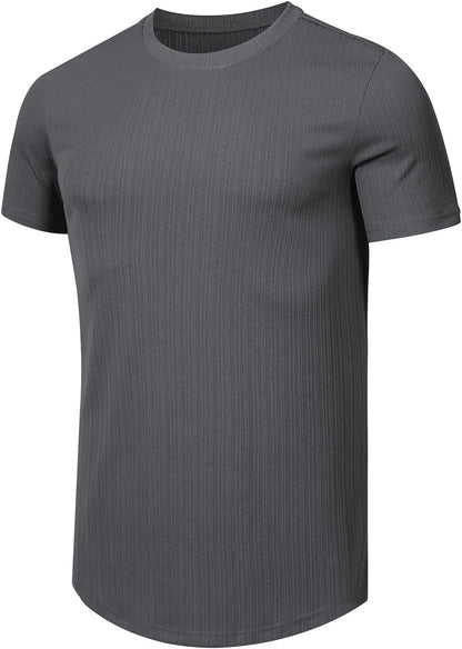 JMIERR Men's Muscle T Shirt Crewneck Short Sleeve Slim Fit Longline Ribbed Knit Stretch Workout Tee Shirts