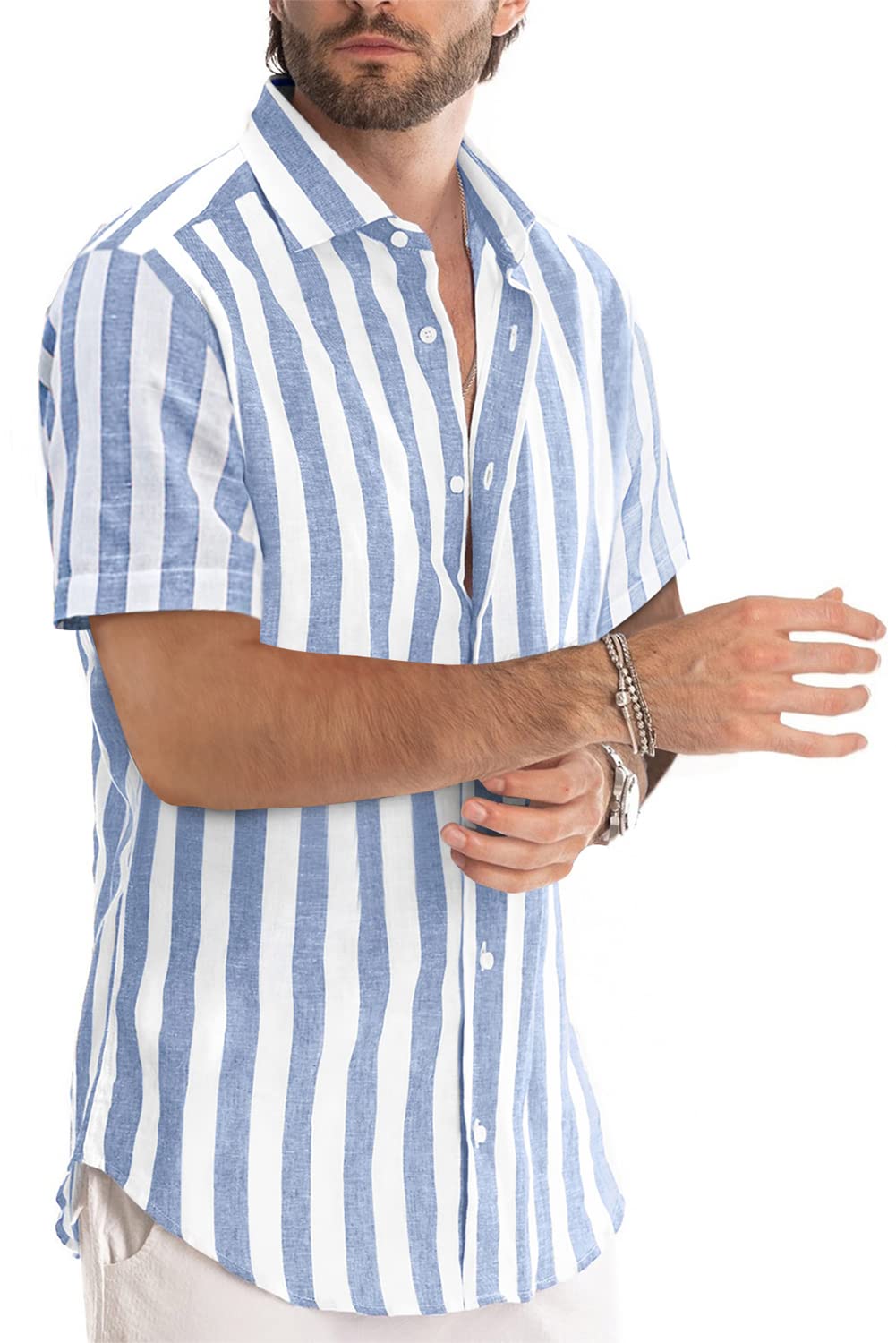 JMIERR Men's Casual Stylish Short Sleeve Button-Up Striped Dress Shirts Cotton Shirt