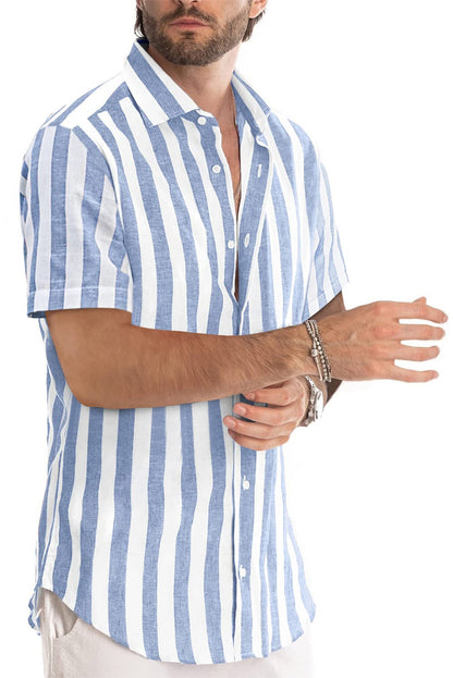 JMIERR Men's Casual Stylish Short Sleeve Button-Up Striped Dress Shirts Cotton Shirt