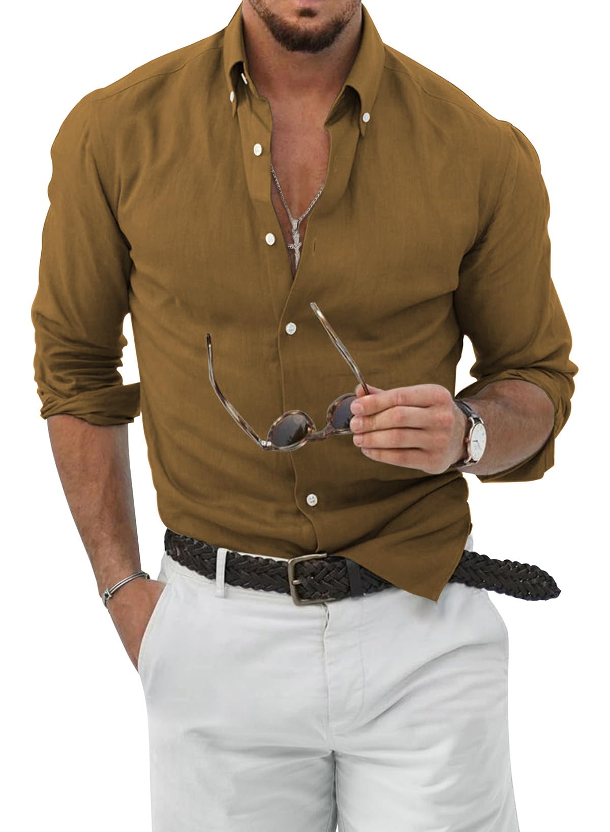 JMIERR Mens Cotton Linen Button Down Shirt Casual Stylish Long Sleeve Business Dress Shirts