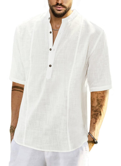 JMIERR Mens Cotton Linen Henley Shirt Casual Button Down Short Sleeve Tropical Shirts Summer Beach T Shirts