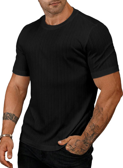 JMIERR Men's Muscle T Shirt Crewneck Short Sleeve Slim Fit Longline Ribbed Knit Stretch Workout Tee Shirts