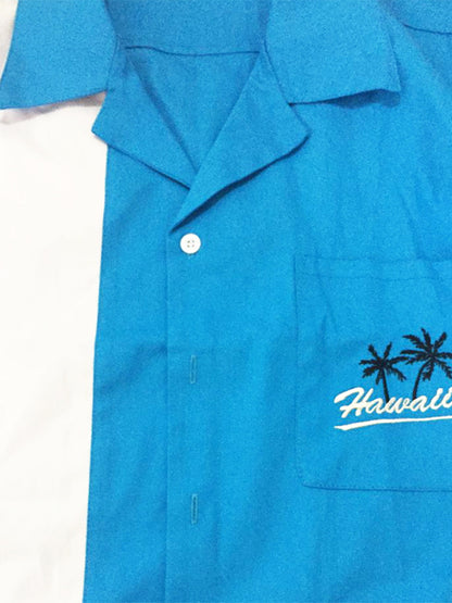 Men's 50's Vintage Camp Cotton Pocket Bowling Hawaii Coconut Tree Blue Short Sleeve Shirt