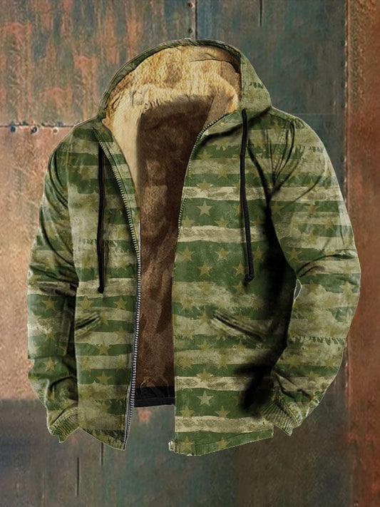 Men's Retro Flag Print Zip Hooded Jacket