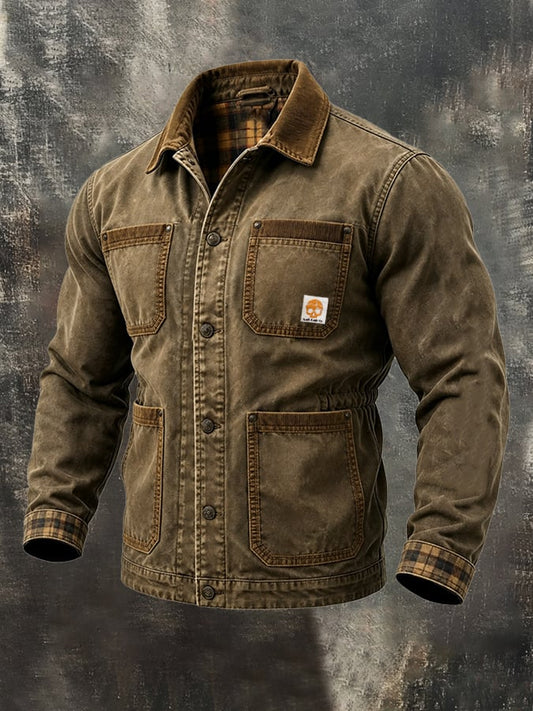 Men'S Vintage Distressed Multi-Pocket Jacket With Plaid Paneling