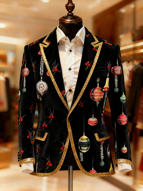 Men's Vintage Christmas Beaded Curtain Print Casual Jacket