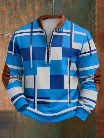 Men's Retro Bauhaus Geometric Style Print Quarter Zip Sweatshirt