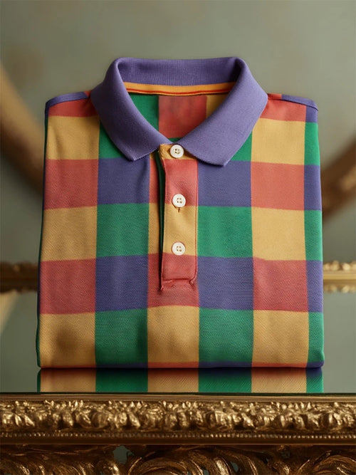 Men's Business Casual Geometric Plaid Art Button Short Sleeve Polo Shirt
