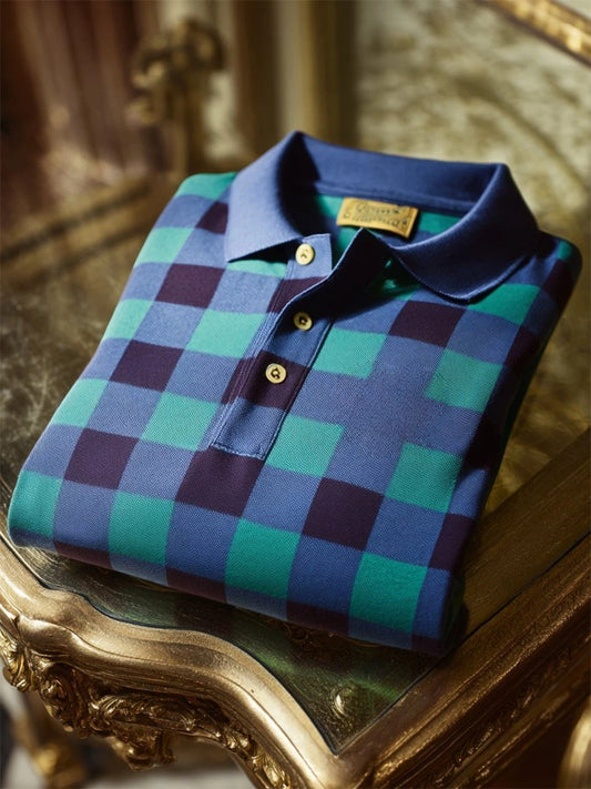 Men's Business Casual Geometric Plaid Art Button Short Sleeve Polo Shirt