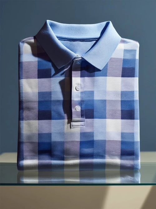 Men's Business Casual Geometric Plaid Art Button Short Sleeve Polo Shirt