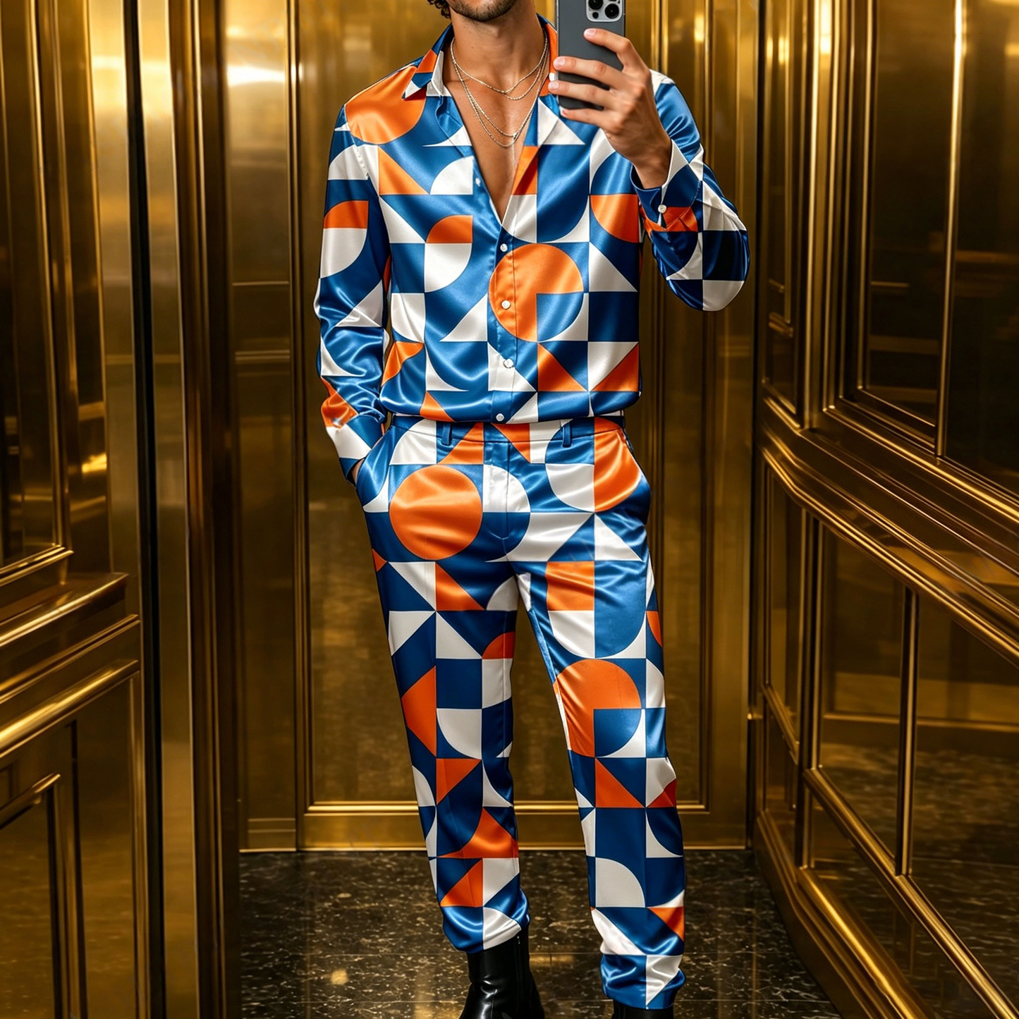 Men's Casual Color-Blocked Printed Long-Sleeve Shirt And Pants Two-Piece Set