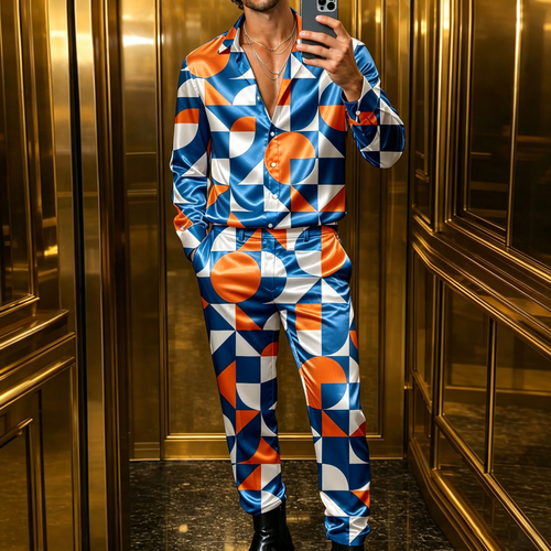 Men's Casual Color-Blocked Printed Long-Sleeve Shirt And Pants Two-Piece Set