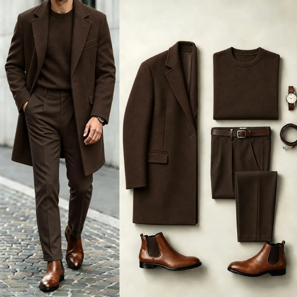 Men's Dark Brown Solid-Color Suit Set: Coat, Knit Sweater, and Dress Pants