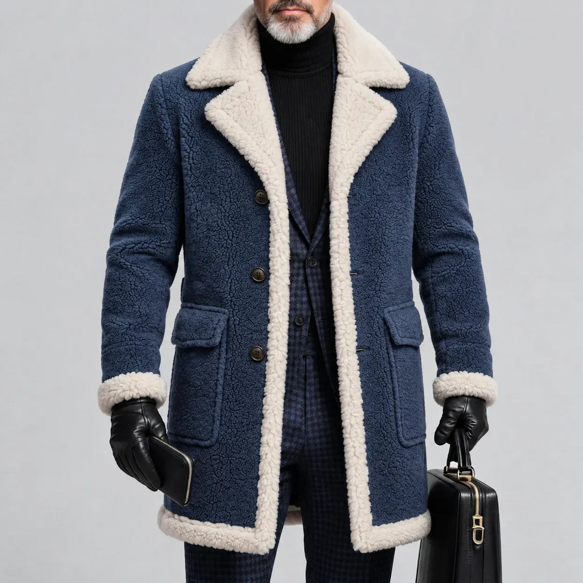 Men's Solid Color Lapel Collar Single Breasted Flap Pockets Sherpa Lined Trench Coat