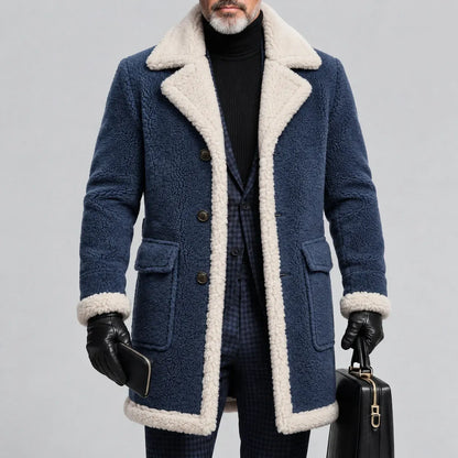 Men's Solid Color Lapel Collar Single Breasted Flap Pockets Sherpa Lined Trench Coat