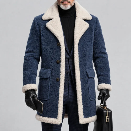 Men's Solid Color Lapel Collar Single Breasted Flap Pockets Sherpa Lined Trench Coat