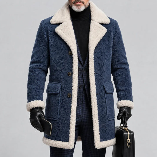 Men's Solid Color Lapel Collar Single Breasted Flap Pockets Sherpa Lined Trench Coat