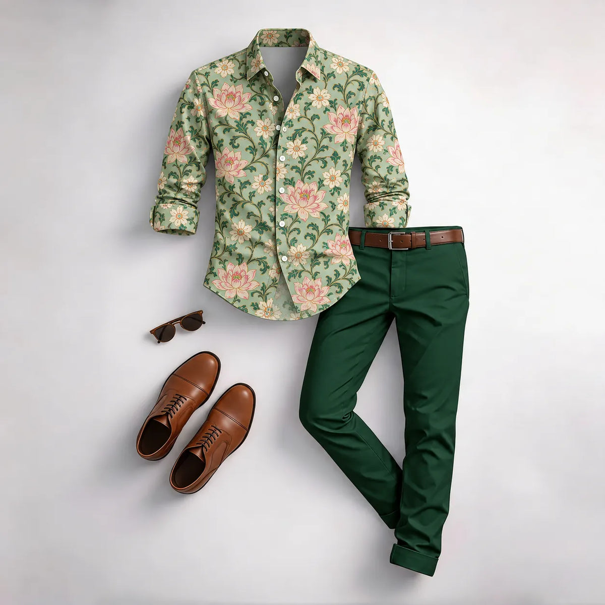 Men's Vintage Floral Print Long-Sleeve Shirt and Pants Set