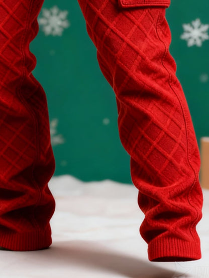 Men's Red Knitted Jacquard Textured Christmas Work Pants