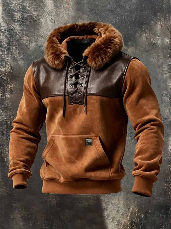 Men'S Retro Suede And Leather Panel Hoodie With Plush Lining