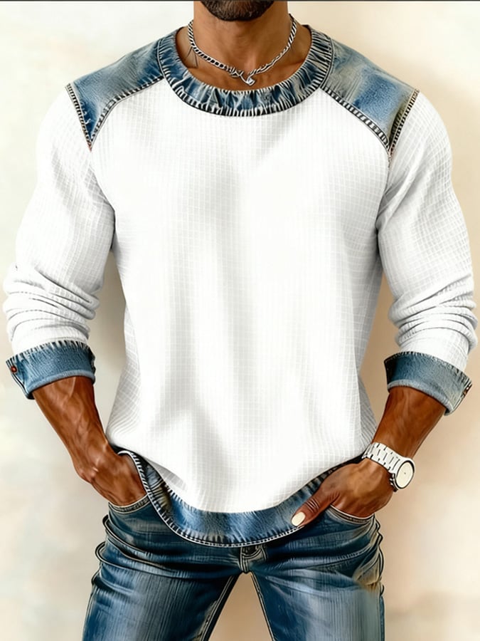 Men's Retro Solid Color Patchwork Crew Neck Pullover