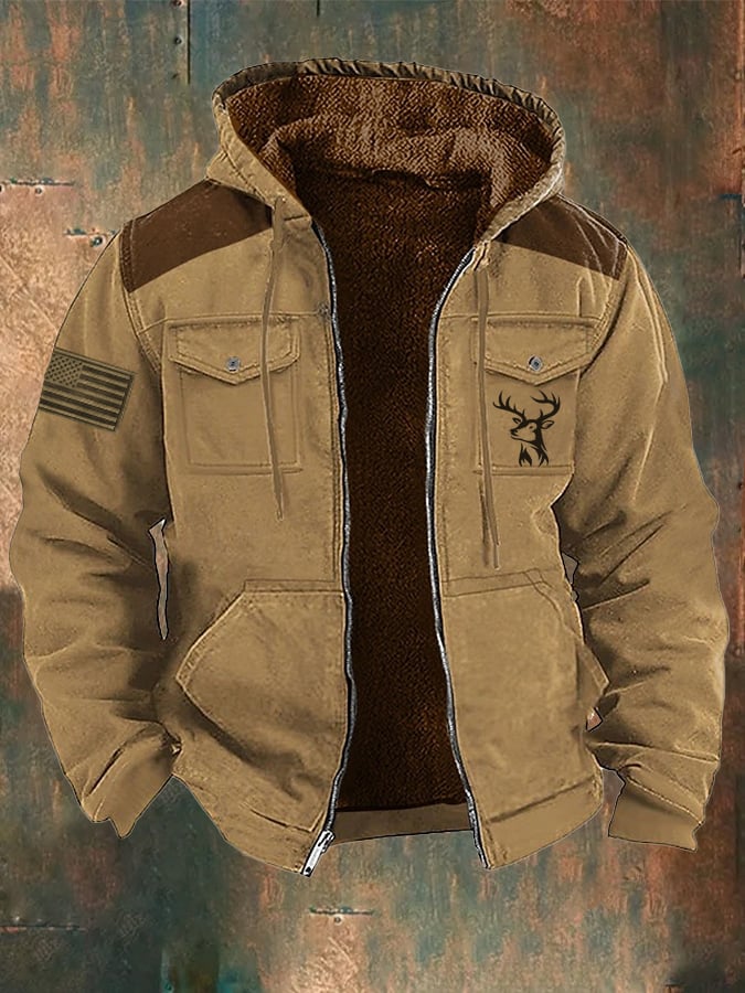 Men's Vintage Fleece Western Flag Elk Print Zip-Up Jacket