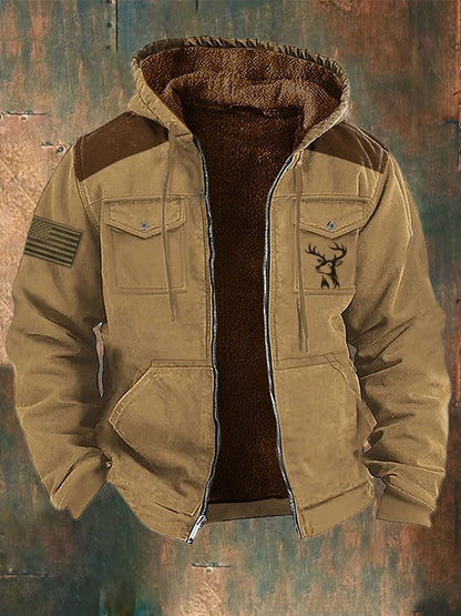 Men's Vintage Fleece Western Flag Elk Print Zip-Up Jacket