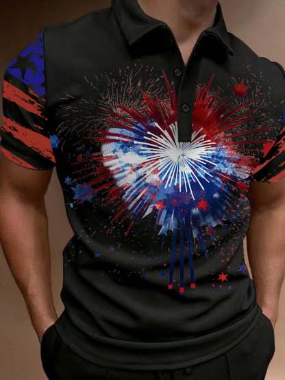 Men'S Fireworks Independence Day Print Polo Shirt