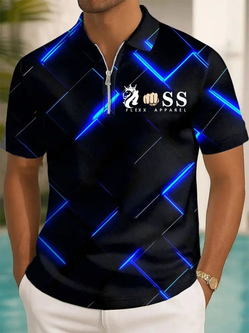 Men's Retro Letter Design Printed Casual Zipper Polo Shirt