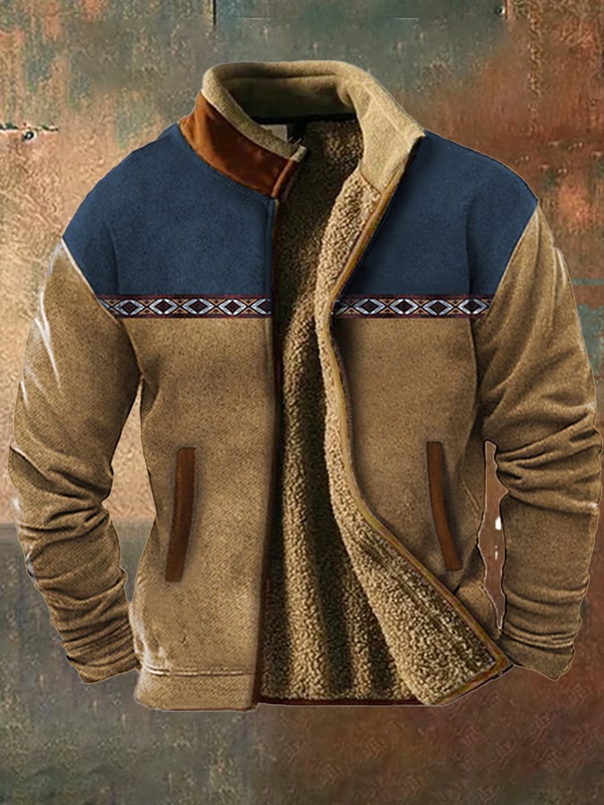 Men's vintage western hunting patchwork warm fleece jacket