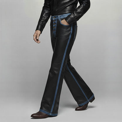 Men's Black PU Leather Denim Splicing Multi-Button Straight Leg Pants