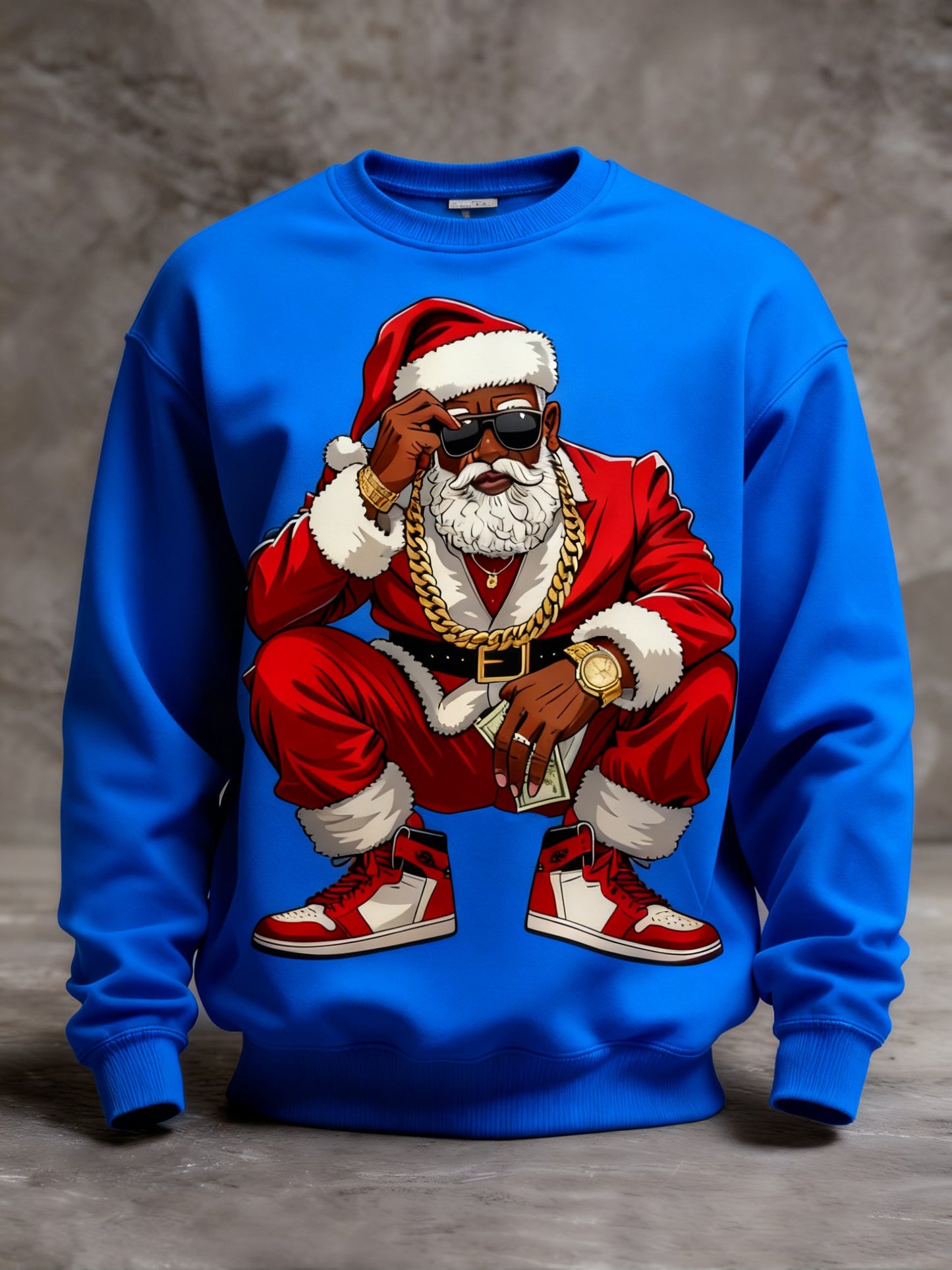 Men's African American Santa Claus Christmas Print Crew Neck Shirt