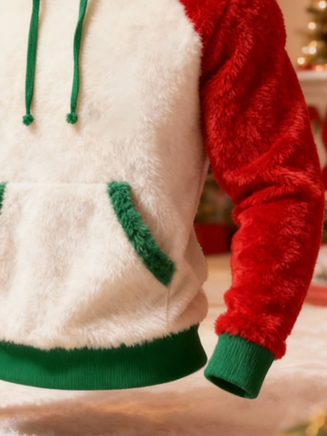 Men'S Plush Warm Color-Blocked Christmas Hooded Sweatshirt