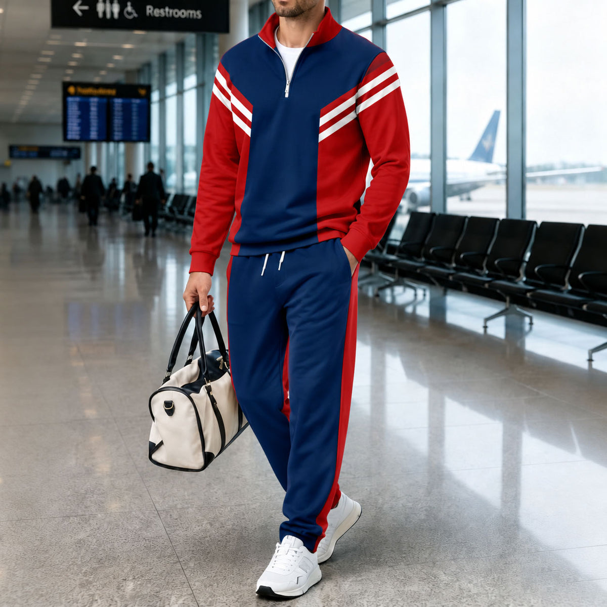 Men's Red and Blue Stand-Up Collar Long-Sleeve Shirt and Pants Set