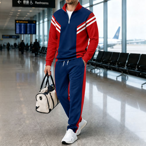 Men's Red and Blue Stand-Up Collar Long-Sleeve Shirt and Pants Set