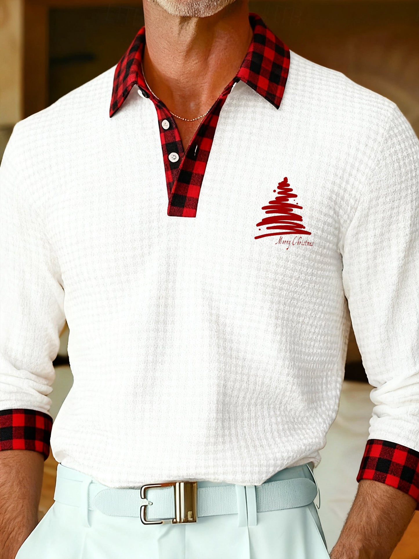 Men's Casual Christmas Party Waffle Knit Long-Sleeve Polo Shirt