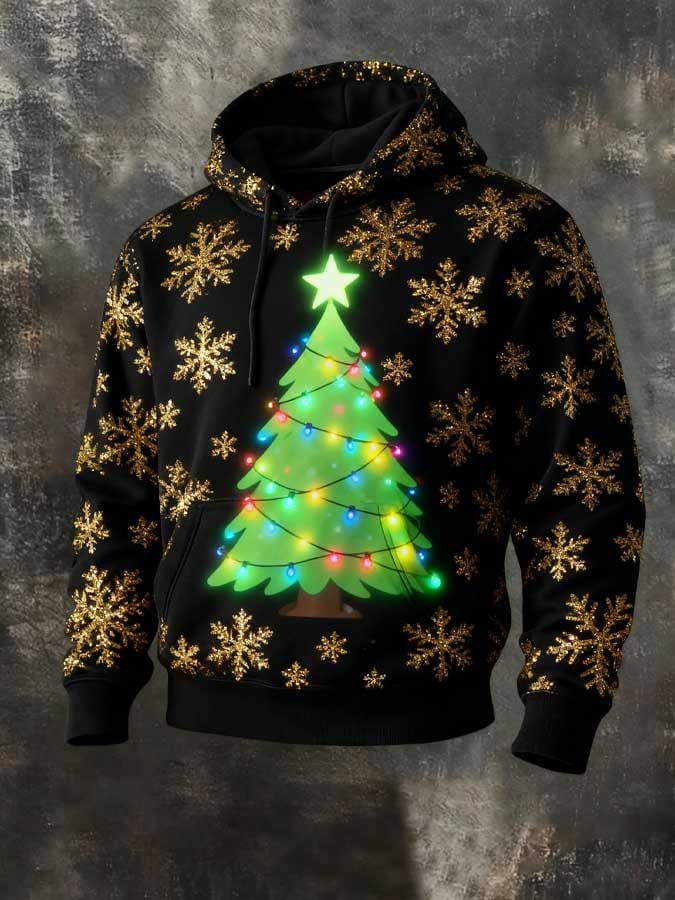Vintage Christmas Snowflake and Christmas Tree Print Hoodie