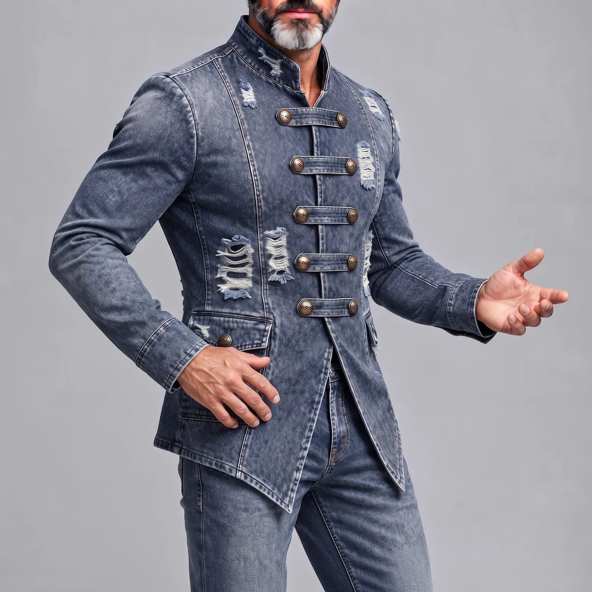 Men's Blue Vintage Distressed Washed Denim Ripped Stand Collar Single Breasted Slim Fit Jacket