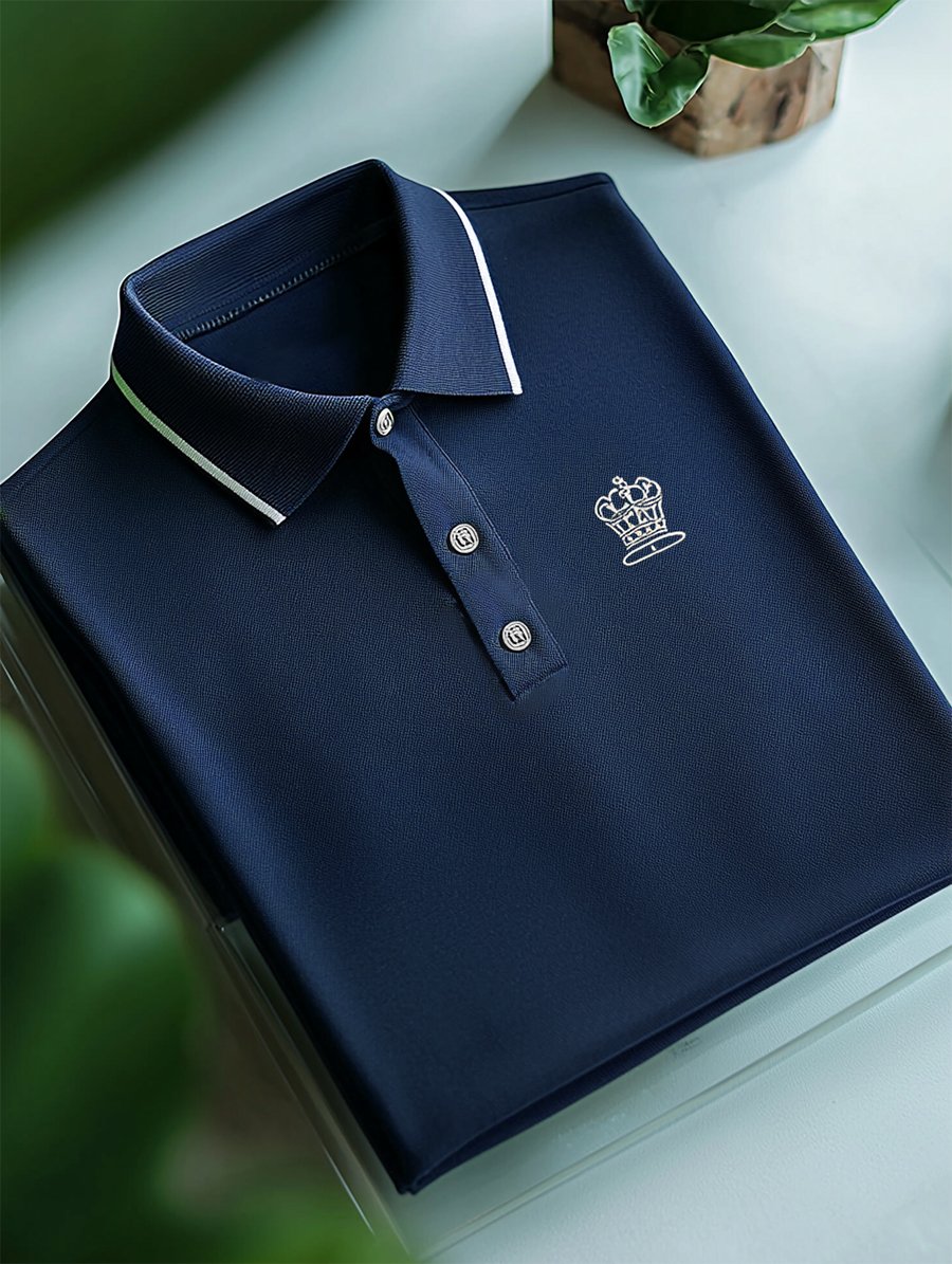 Men's Business Casual Striped Logo Button Short Sleeve Polo Shirt