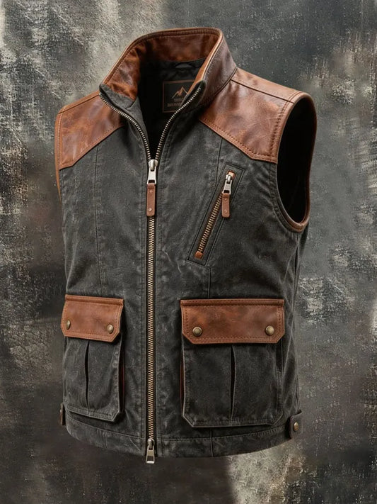 Men's Vintage Multi-Pocket Paneled Leather Utility Vest Jacket