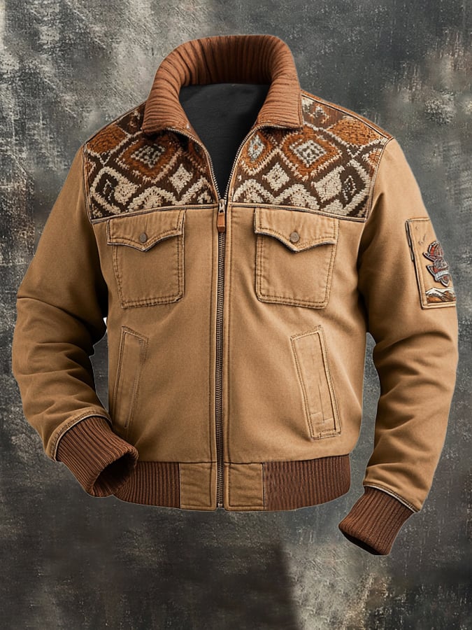 Men's Retro Classic Distressed Casual Fur Collar Pocket Jacket