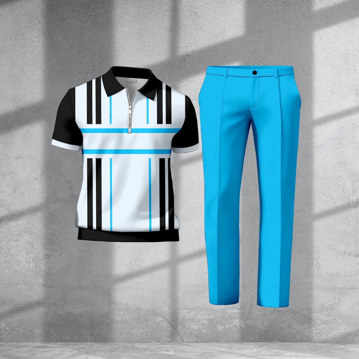 Men's Casual Black & White Stripes Printed Polo Short-Sleeve T-Shirt And Pants Two-Piece Set