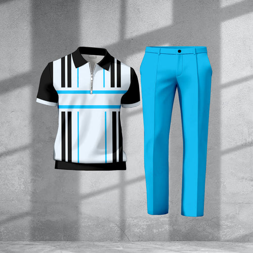 Men's Casual Black & White Stripes Printed Polo Short-Sleeve T-Shirt And Pants Two-Piece Set