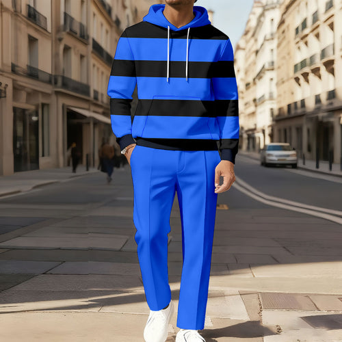 Men's Casual Color Matching Printed Long-Sleeve Hoodies Sweatshirt & Trousers Two-Piece Set