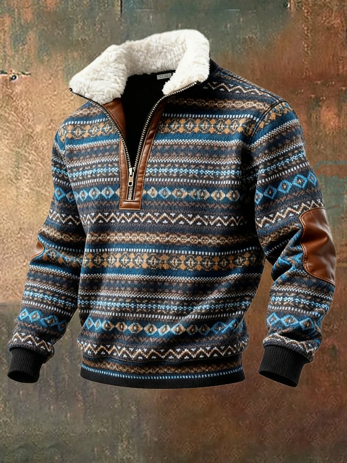 Men's Retro Color Block Print Casual Fur Collar Sweatshirt
