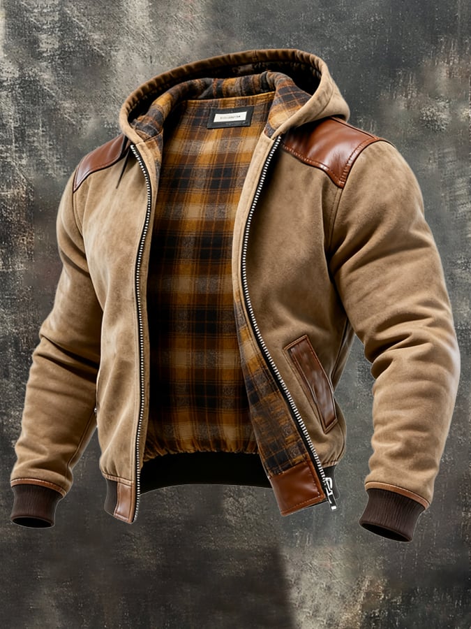 Men's Vintage Suede and Plaid Lining Multi-Pocket Outdoor Jacket
