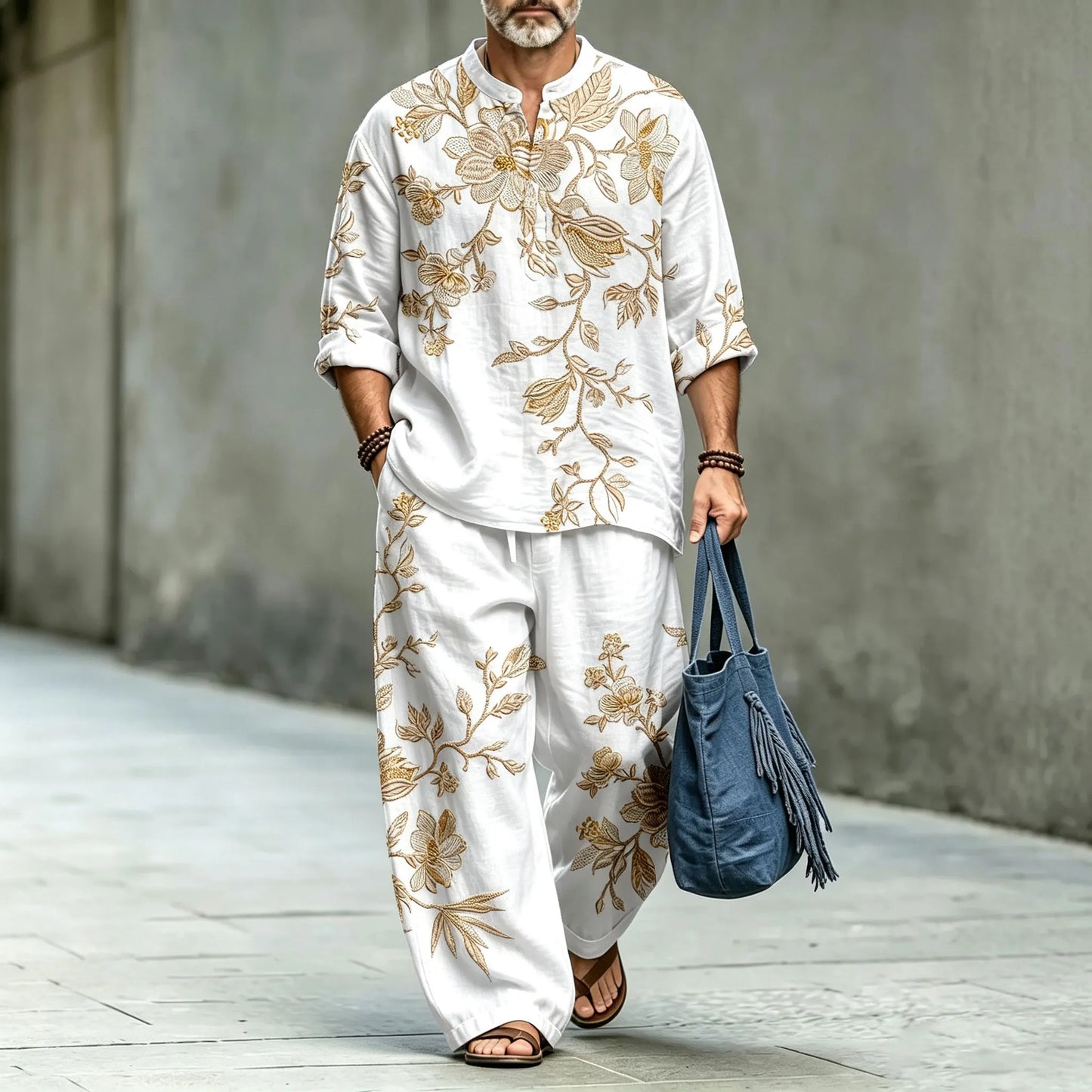Men's Floral Stand-Collar Polo Shirt and Long Pants Two-Piece Suit Set